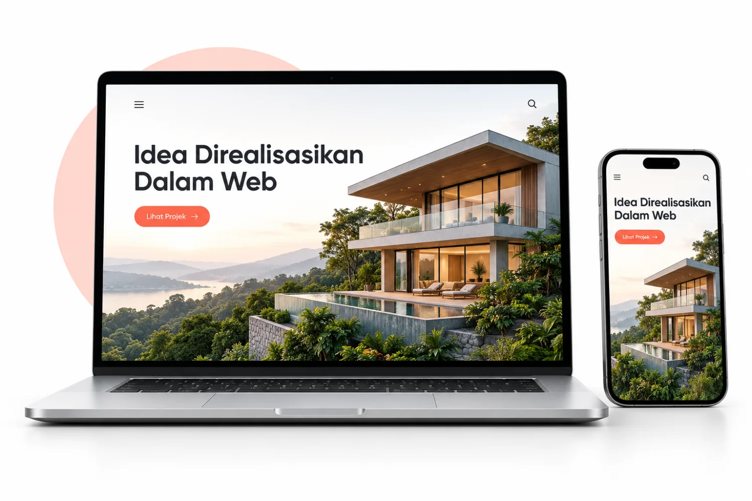 Laptop perak dan telefon memaparkan rekaan website responsif Idea Direalisasikan Dalam Web