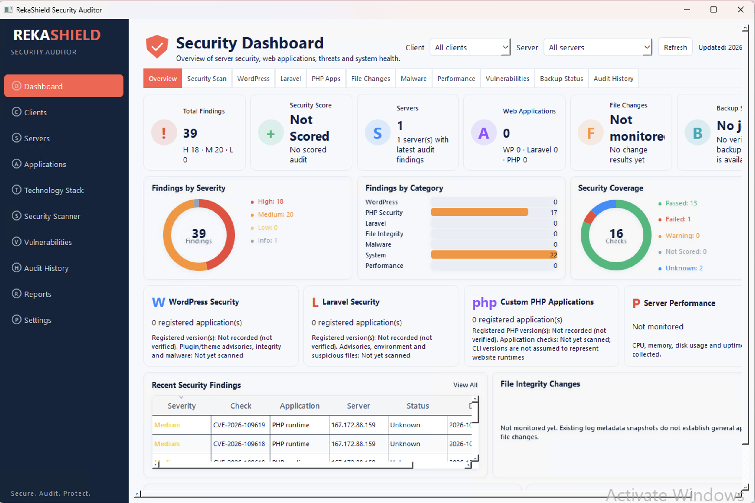 Screenshot dashboard aplikasi RekaShield untuk VPS Security Audit dan Backup