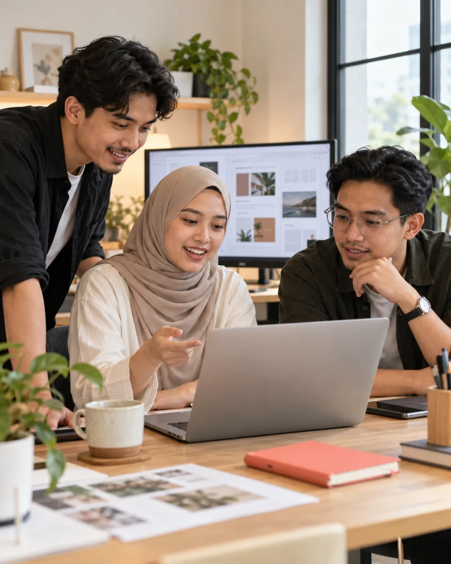 Ilustrasi pasukan kreatif berbincang tentang rekaan website di studio